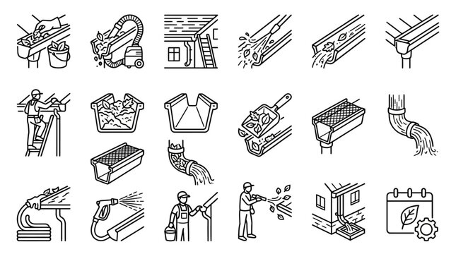 Set of roof gutter cleaning and maintenance icons.