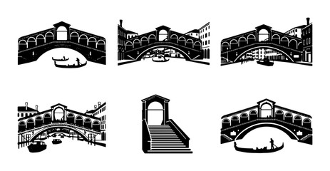 Rialto Bridge Vector Icons, Venice Landmark Silhouettes, Gondola Scenes, Italian Architecture Graphics, Travel & Tourism Design Elements © Mehnaz