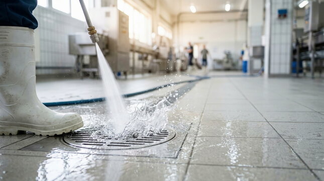 Industrial cleaning, worker power washing tiled floor drain in food processing facility, ensuring strict hygiene protocols.