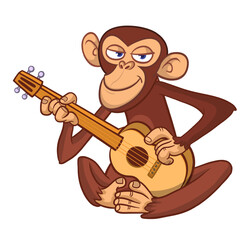 Naklejka premium Cartoon funny brown monkey chimpanzee sitting and playing electric guitar or ukulele. Vector illustration isolated on white