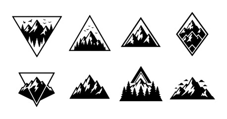 Geometric Mountain Landscape Icons, Set of 8 Black and White Vector Graphics for Adventure and Nature Themes, Minimalist Outdoor Adventure Symbols © Foysal