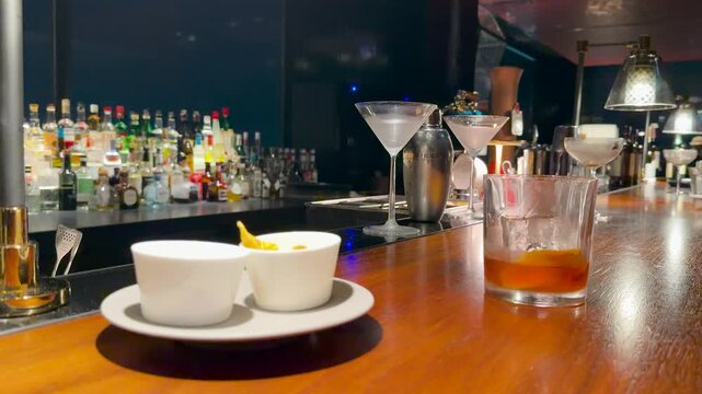 Whiskey Cocktail and Snacks on a Wooden Bar Counter in Kanazawa