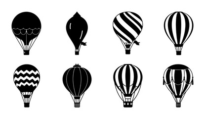 Hot Air Balloon Icons Set, Vintage Adventure Graphics, Retro Travel Vector Collection, Black and White Aviation Symbols © Jeba