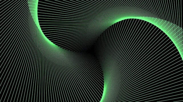 Green geometric spiral with neon lines rotating in a complex 3D tunnel on a black background.