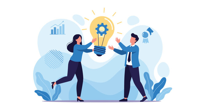Two happy business people celebrating a creative breakthrough with a giant lightbulb containing mechanical gears.