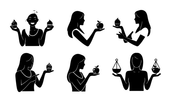 Silhouette Icons: Healthy Food Choices vs. Sweets, Balanced Diet, Weight Management, Lifestyle Decisions