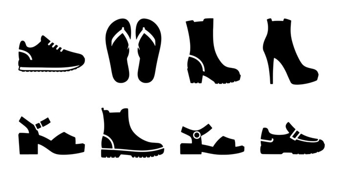 Diverse Footwear Collection, Shoe Icons Set, Fashion Styles, Vector Graphics for Retail and Design