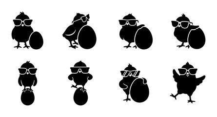 Cool Chick Icons Set, Easter Egg Vector Graphics, Sunglasses Chicks Silhouette Collection, Spring Holiday Fun © Jeba
