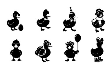 Charming Duckling Vector Icons Set, Cute Baby Ducks in Various Outfits and Accessories, Whimsical Animal Graphics for Children's Designs and Celebrations © Jeba