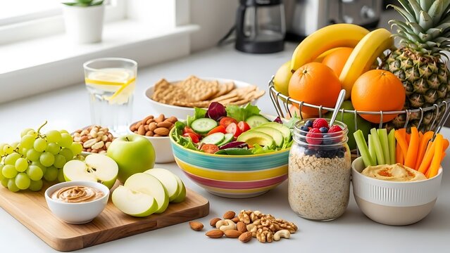 Fresh fruit and healthy snacks on kitchen counter with bowls and cutting board
