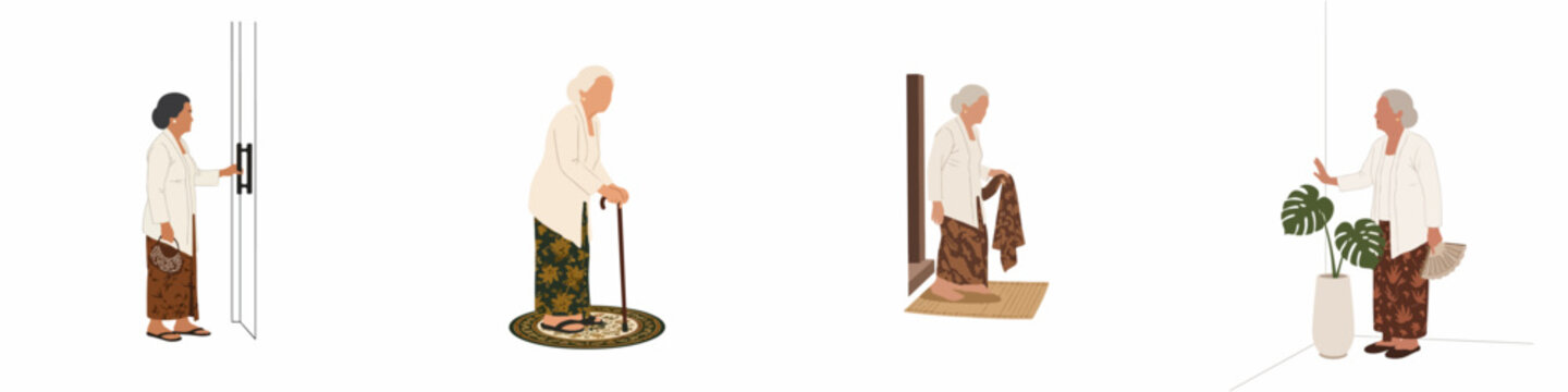 Set of flat vector illustrations of an elderly Indonesian grandmother wearing traditional kebaya and batik sarong in various everyday poses.