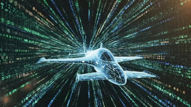 Futuristic Digital Jet Plane Flying Through Binary Code Data Stream in Cyber Space, Technology Concept