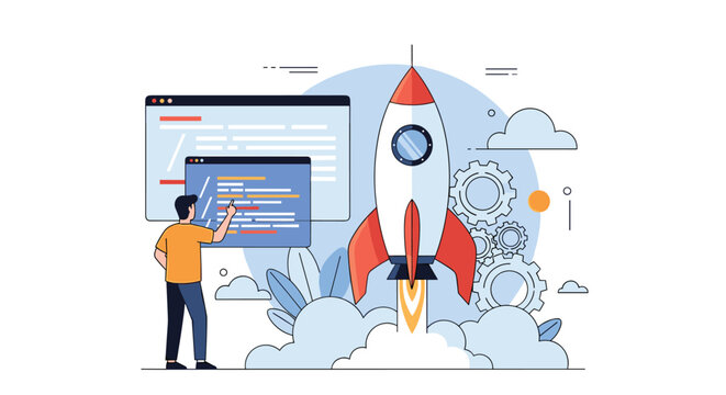 Creative developer launching new project with rocket engine ignition and programming code windows in modern technology environment.
