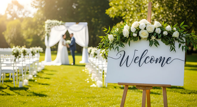 A beautifully decorated welcome sign with white flowers and greenery on an easel in a serene outdoor wedding setting with a bride and groom in the background