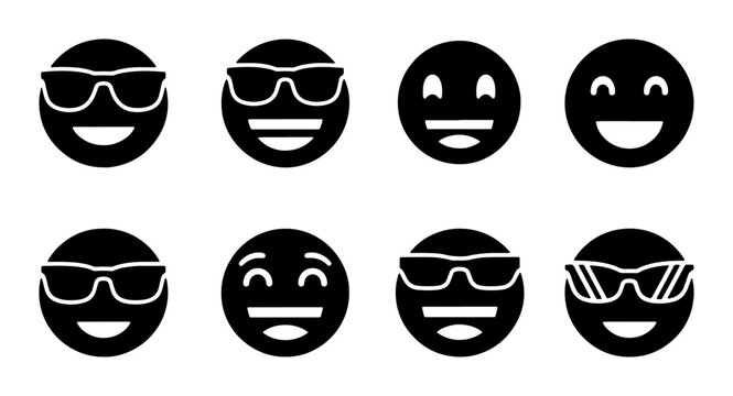 Set of 8 Black and White Emoji Icons with Sunglasses, Happy Faces, Vector Graphics for Web and Social Media