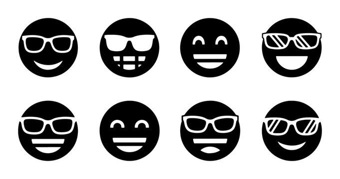 Set of 8 Black Emoji Icons with Sunglasses, Happy Faces, Vector Graphics for Digital Use, Social Media, and Communication