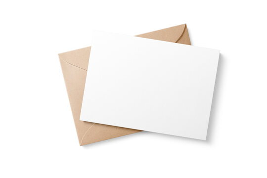 Kraft paper euro flap envelope and 5x7 invitation card mockup isolated on transparent background, PNG. High Resolution
