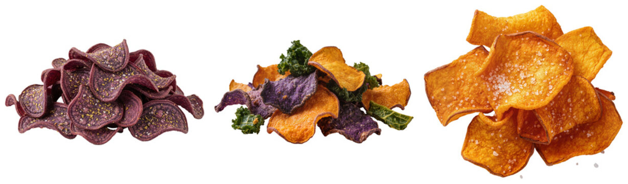 Three piles of vegetable chips including purple sweet potato chips, sweet potato chips, and kale chips, isolated on transparent background