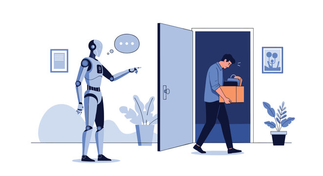 Human worker being replaced by an artificial intelligence robot as he leaves the office with his belongings in a cardboard box.