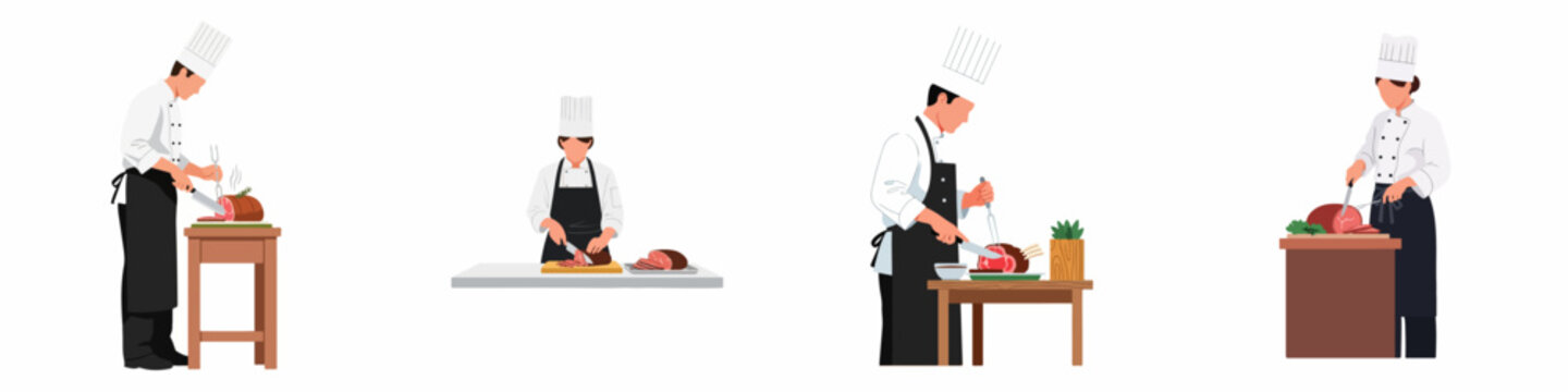 Professional chefs in uniform carving and slicing roasted meat on wooden tables, a set of isolated flat vector illustrations on a white background.