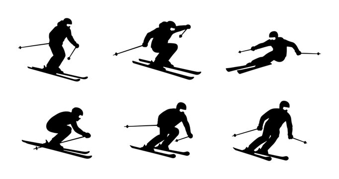 Six Silhouette Skiers in Dynamic Poses, Winter Sports Action Vector Set, Alpine Snow Activity Graphics