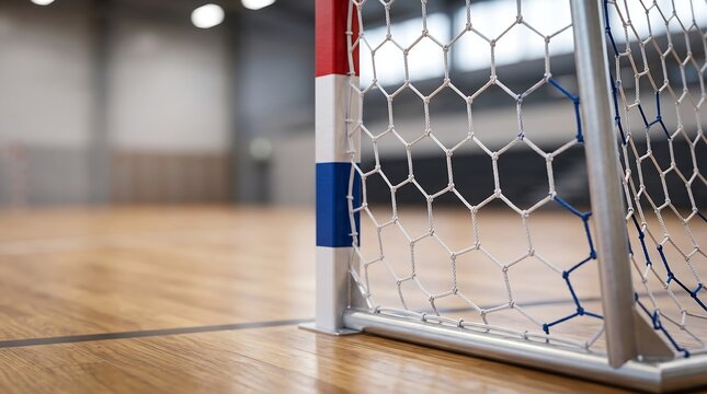 Indoor handball goal post and net in a sports arena gym hall
