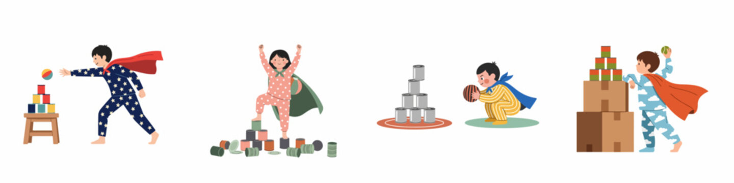 Set of illustrations depicting children in pajamas and capes playing indoor games like tin can toss and stacking cans during playtime.