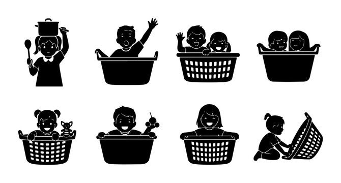 Children Playing in Laundry Baskets, Silhouette Vector Icons Set: Fun Childhood Activities, Bath Time, Playtime, Household Chores, Family Moments, Toddler Fun, Cute Kids