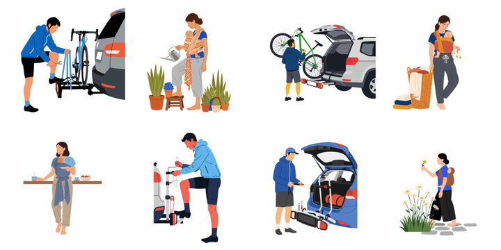 Flat vector illustration set showing people engaged in active lifestyles, bike transportation with car racks, and mothers multitasking while carrying babies in slings.