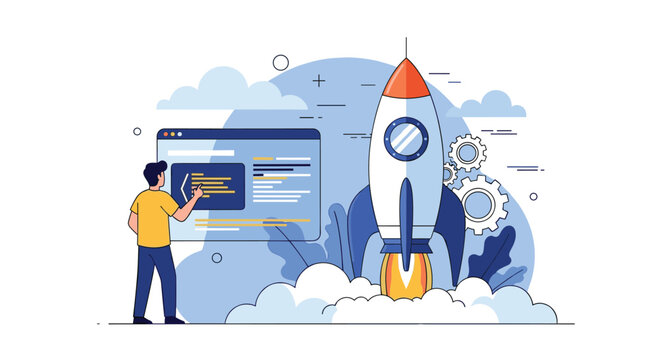 Dedicated software engineer launching a new technology project with a rocket and programming code window for a startup concept.