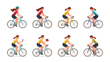 Naklejka premium Female Cyclist Showcase: A diverse set of illustrations depicting a female cyclist in various outfits and actions, showcasing different cycling gear and activities.