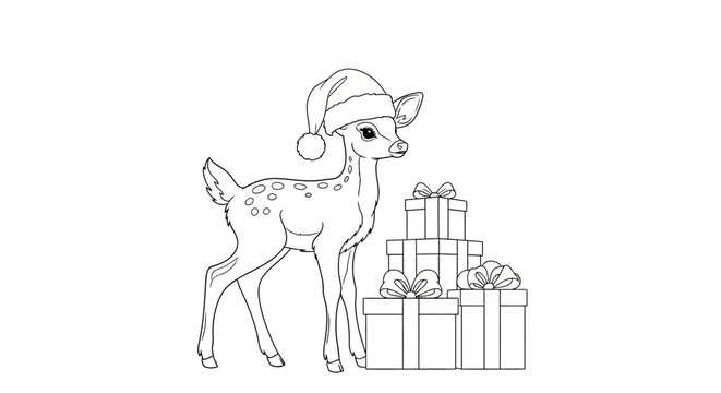 Cute fawn wearing a Santa hat standing next to a stack of Christmas presents, black and white outline illustration