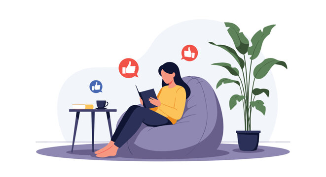 Young woman sitting in a comfortable beanbag chair and reading a book while receiving social media likes and hearts.
