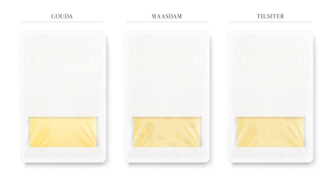 Rectangle tray container mockup with sliced Gouda, Madam and Tilsiter cheese. Realistic vector illustration isolated on white background. Flat lay view. Ready for use in your design. EPS10.