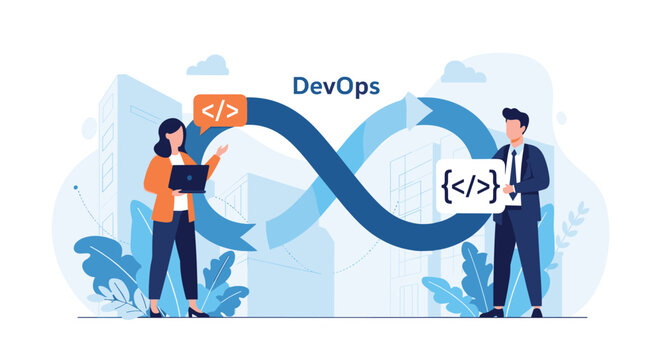 Software developers and engineers working with a large infinity symbol to represent devops development and operations.