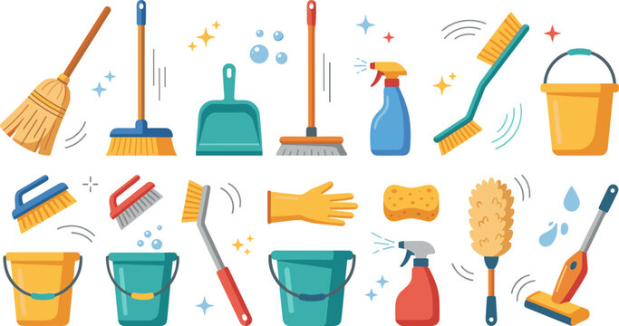 Professional Housekeeping and Cleaning Service Icon Set Featuring Brooms, Buckets, Mops, Spray Bottles, Brushes, and Protective Gloves for Domestic Chore, Sanitation, and Maintenance Industry Graphics