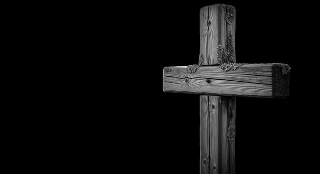 A weathered, rustic wooden christian cross with visible wood grain and lichen texture, isolated against a solid black background