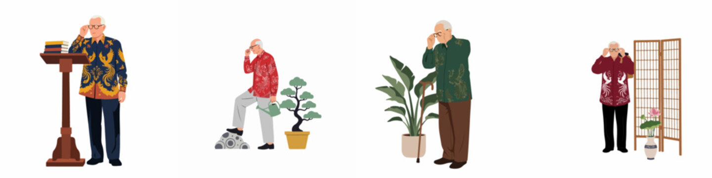 Set of illustrations depicting a senior Asian man in traditional batik shirts engaged in various daily activities like reading, gardening, and relaxing.