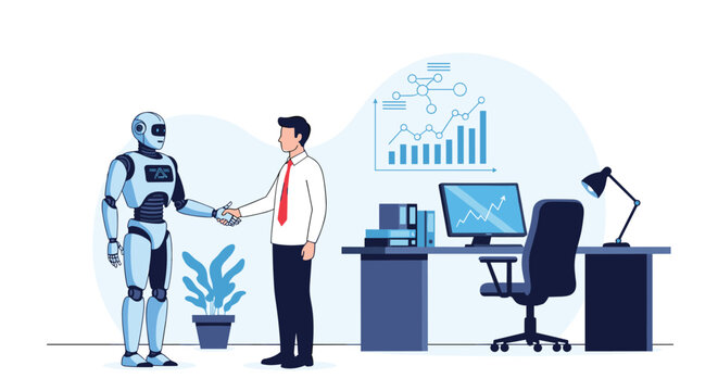 Businessman shaking hands with a humanoid robot in a modern office to represent the future of human and ai collaboration.