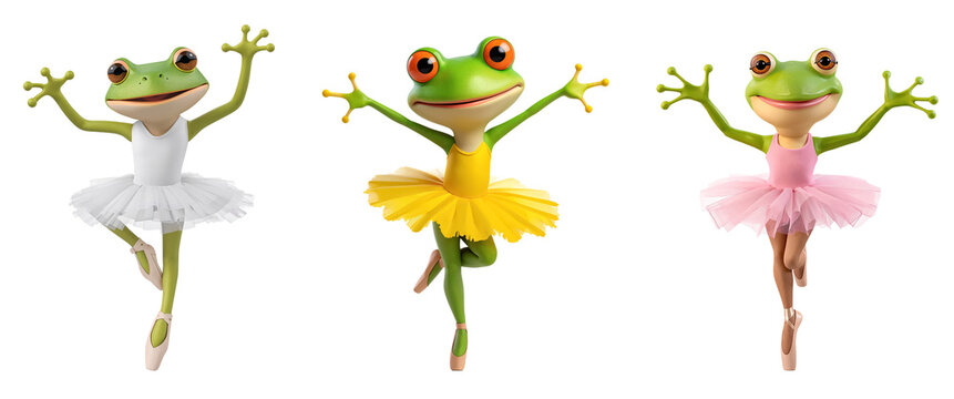 Cute funny cartoon frog ballerina isolated on transparent background