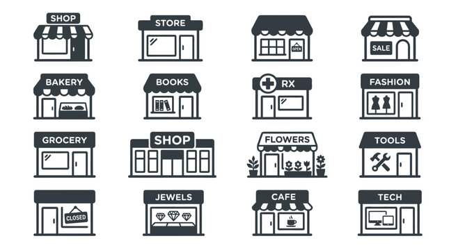 Set of Various Retail Store Front Icons.
