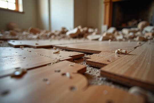Close-up View of Damaged Laminate Floor in Decaying House