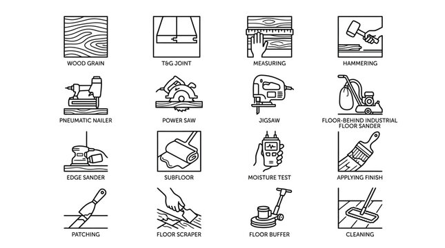 Set of Wood Flooring Installation and Maintenance Icons.