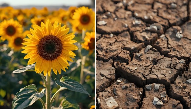 A split-screen image contrasting a vibrant sunflower in a lush field with a parched, cracked earth landscape.