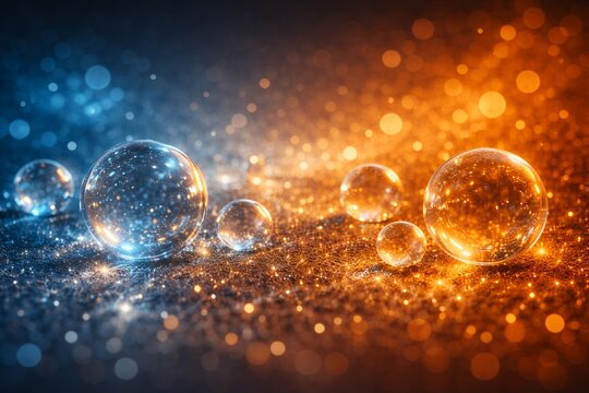 Transparent Glass Spheres on Sparkling Blue and Gold Bokeh Background, Abstract Luxury Reflection, Glowing Light Particles and Elegant Decorative Design