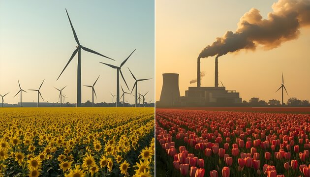A split-screen image contrasting a clean energy wind farm with a polluting industrial factory