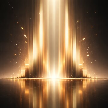 Futuristic Golden Energy Tower with Radiant Light Beams, Abstract Sci Fi Architecture, Glowing Vertical Power Structure and Advanced Innovation Concept Background
