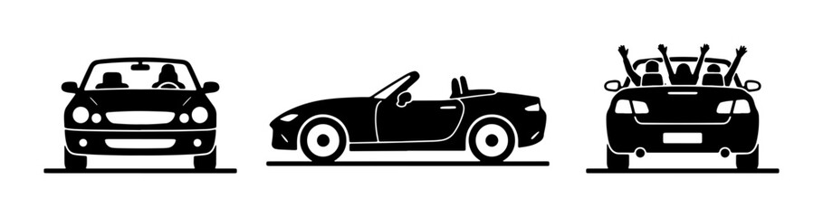 Black Convertible Car Icons: Front, Side, Rear Views. Modern Sports Vehicle Vector Graphics for Automotive and Travel Themes. © Nusrat