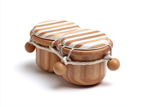 Light Brown Wooden Bongos With White Stripe Drum Heads And Natural Rope Lacing