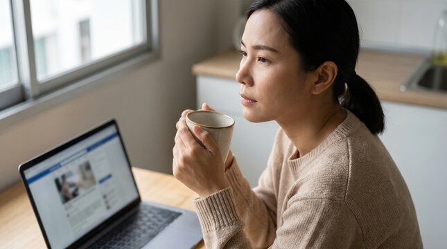Thai Woman Pensive at Kitchen Table Waiting for Job Callback